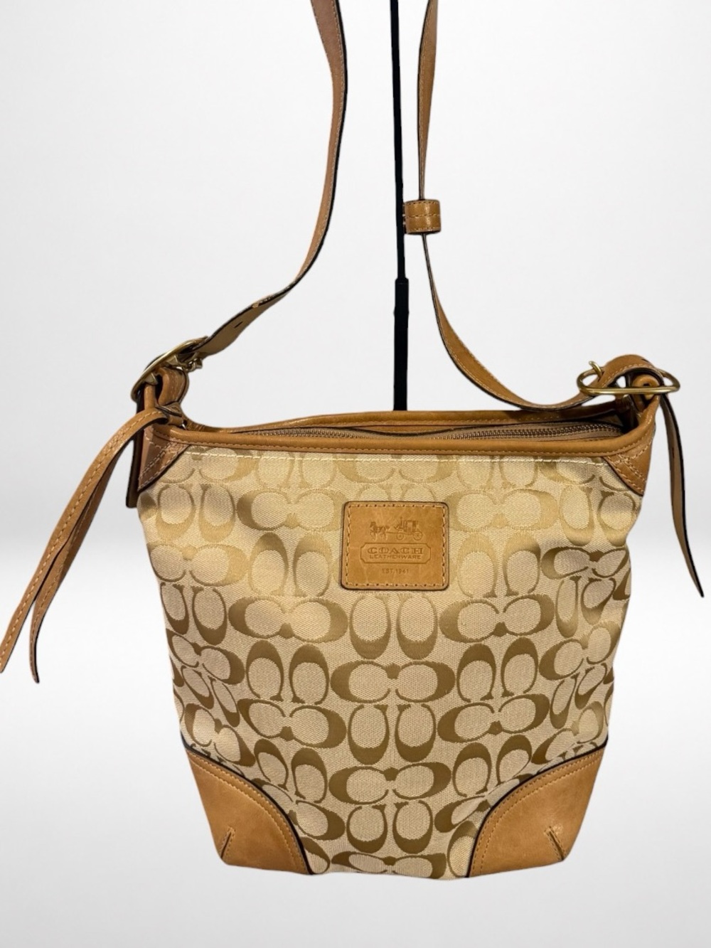 COACH Signature Bucket Crossbody Bag Khaki Jacquard Canvas Tan Leather Y2K 12390